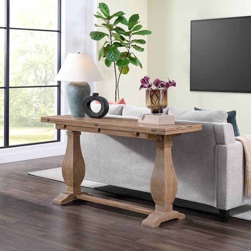 Console Table Driftwood Grey Finish with Flip Top and Chunky Legs