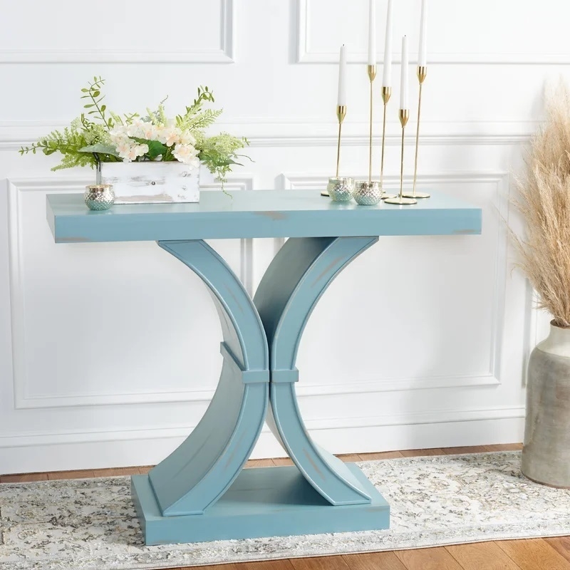 Console Table Dusty Blue with Weathered Edges and Curved Pedestal
