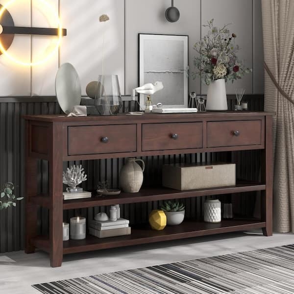Console Table Espresso Finish Two Tier Shelving Three Drawers