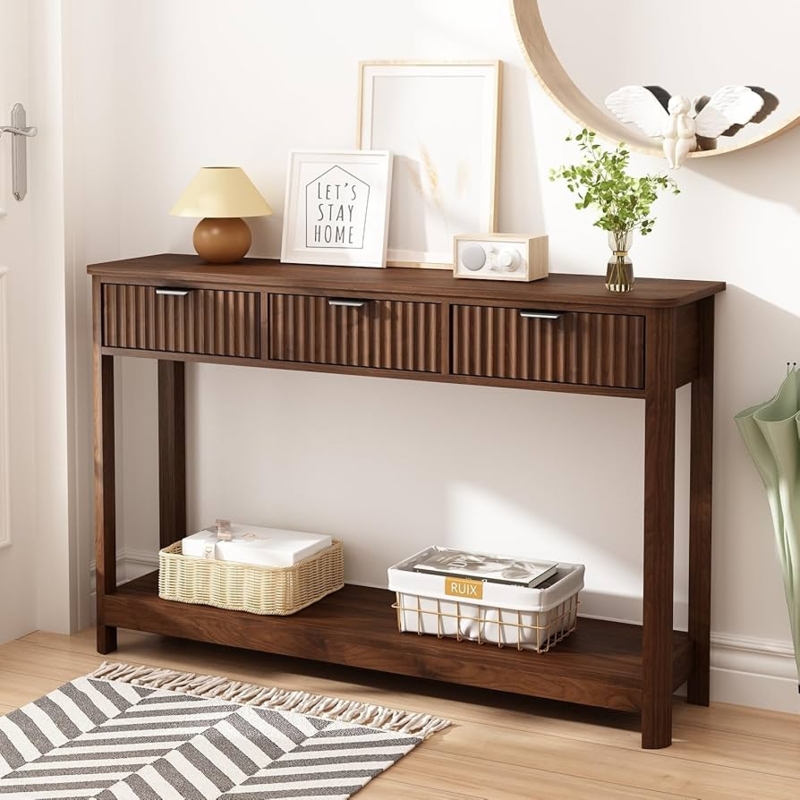 Console Table Fluted Drawers Walnut Finish Narrow Profile