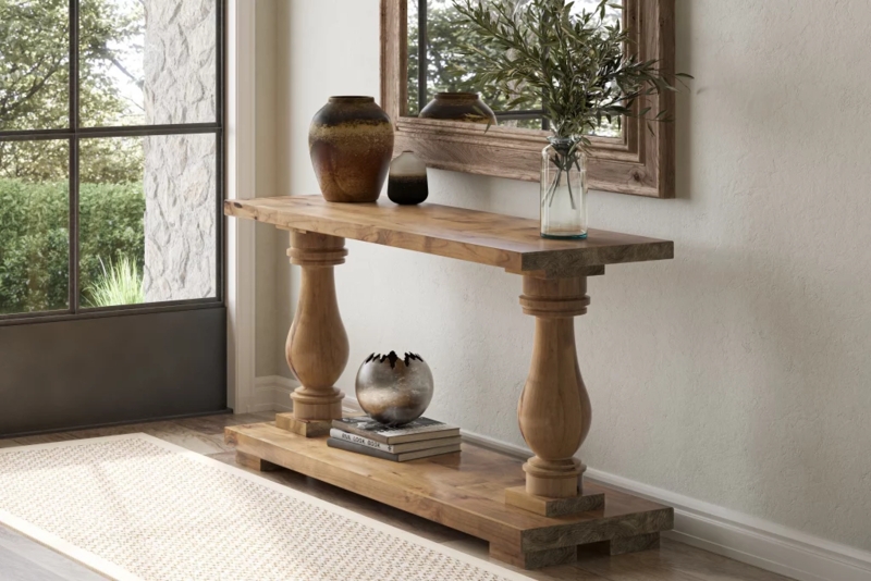 Console Table Honey Wood Finish with Baluster Legs and Open Lower Shelf