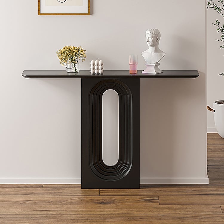 Console Table Matte Black Japandi Style with Tiered Oval Cutout Base