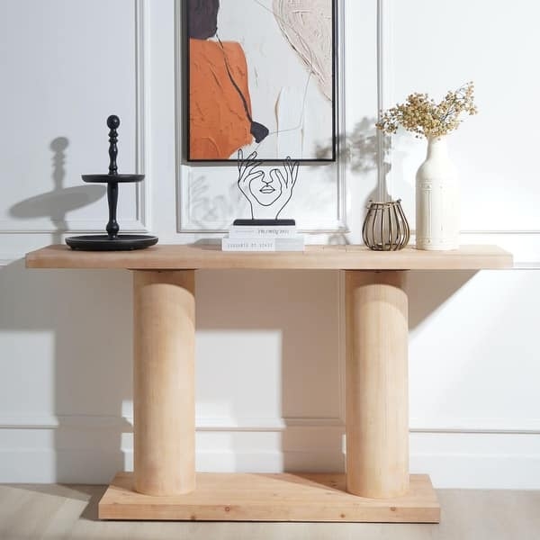 Console Table Natural Wood Slab Construction with Cylindrical Legs