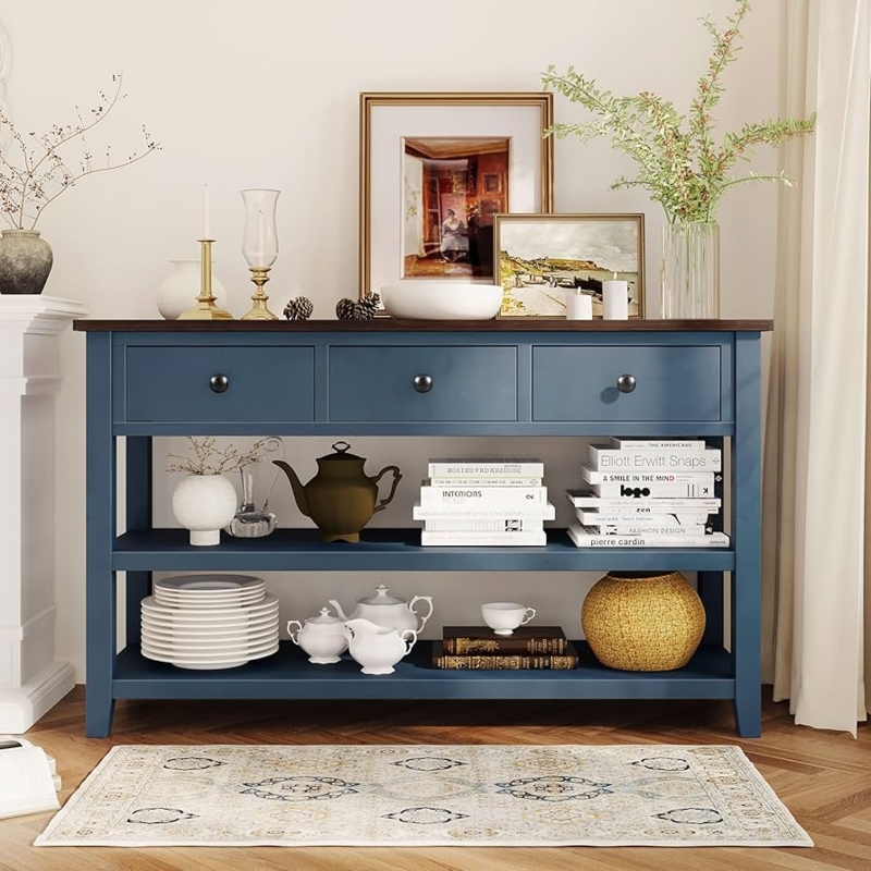Console Table Navy Blue Finish Wood Toned Top Coastal Style