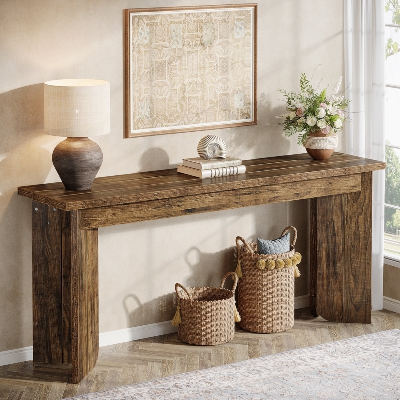 Console Table Rustic Brown Plank Design with Visible Hardware 71 Inch