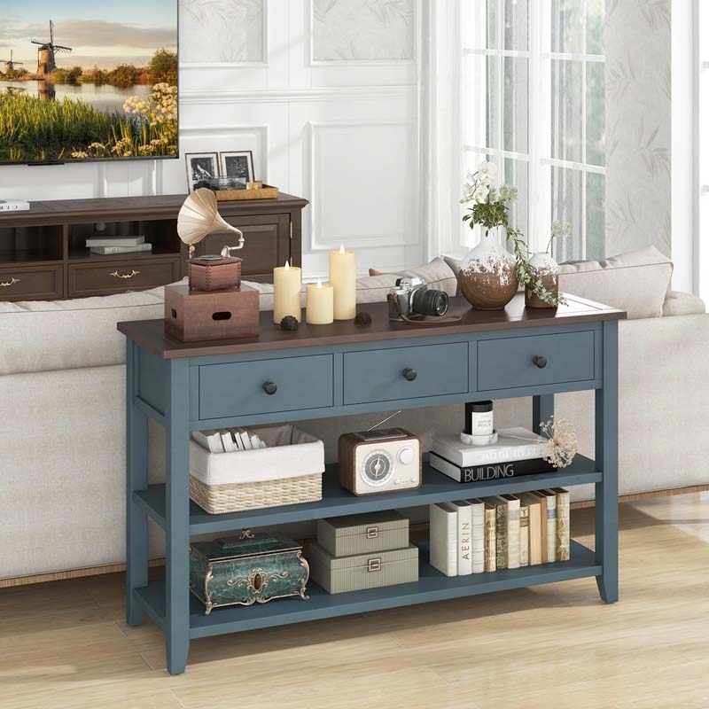 Console Table Slate Blue Finish Three Drawer Top Dual Shelves