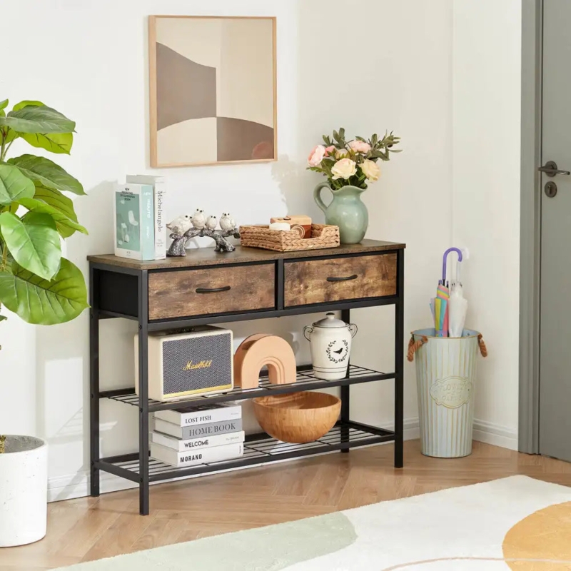 Console Table Slim Profile Wire Shelves Storage Drawers Rustic