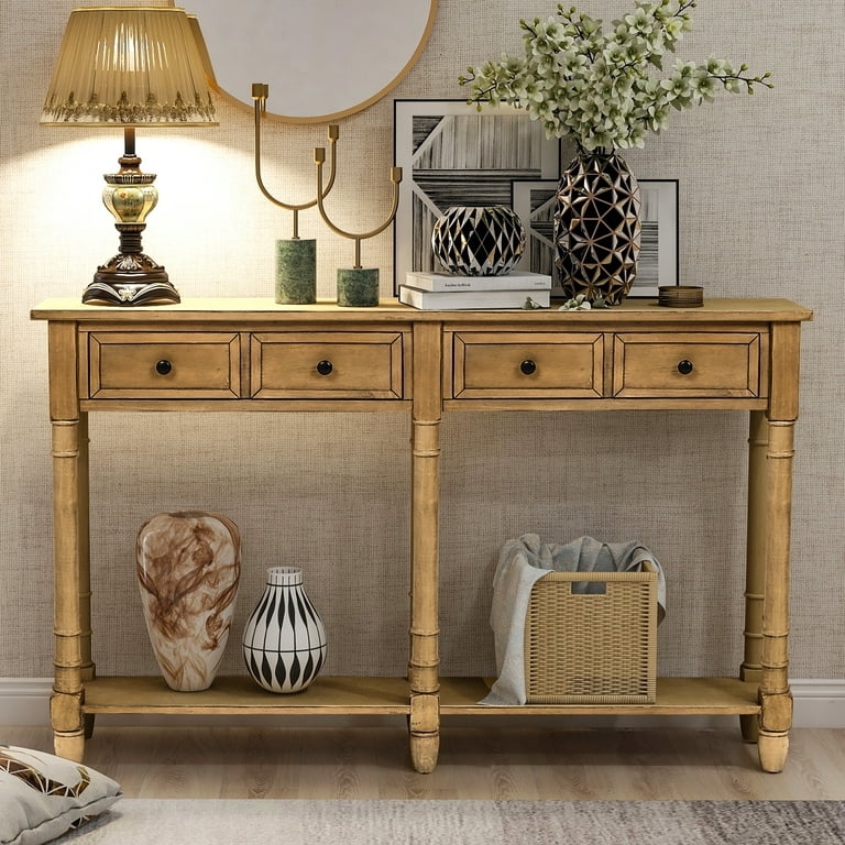 Console Table Tall Six Leg Support Turned Legs Distressed Oak