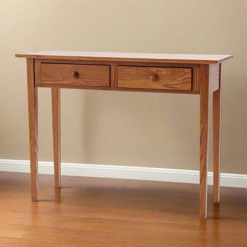 Console Table Tapered Legs Warm Oak Wood Grain Two Drawers