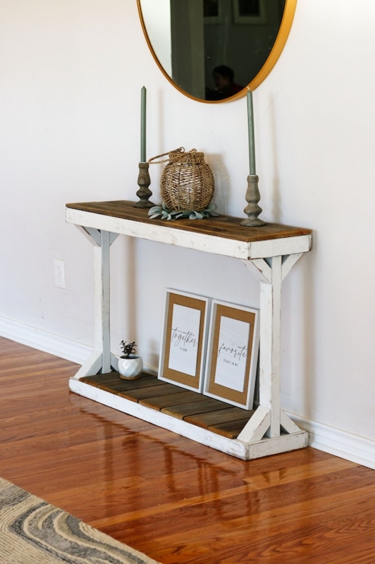 Console Table Two Tier with Diagonal Bracing and Whitewashed Base