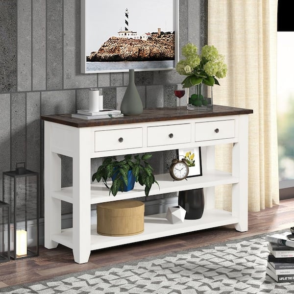 Console Table Two Tone Finish Tiered Shelving Pine Wood Top