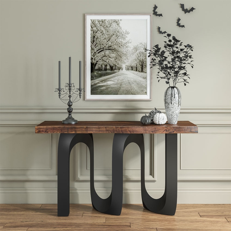 Console Table Wavy Ribbon Base Matte Black Metal with Live Edge Top