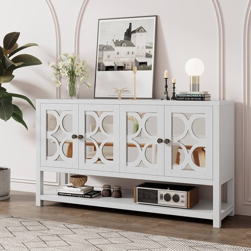 Console Table with Open Bottom Shelf and Mirrored Lattice Doors
