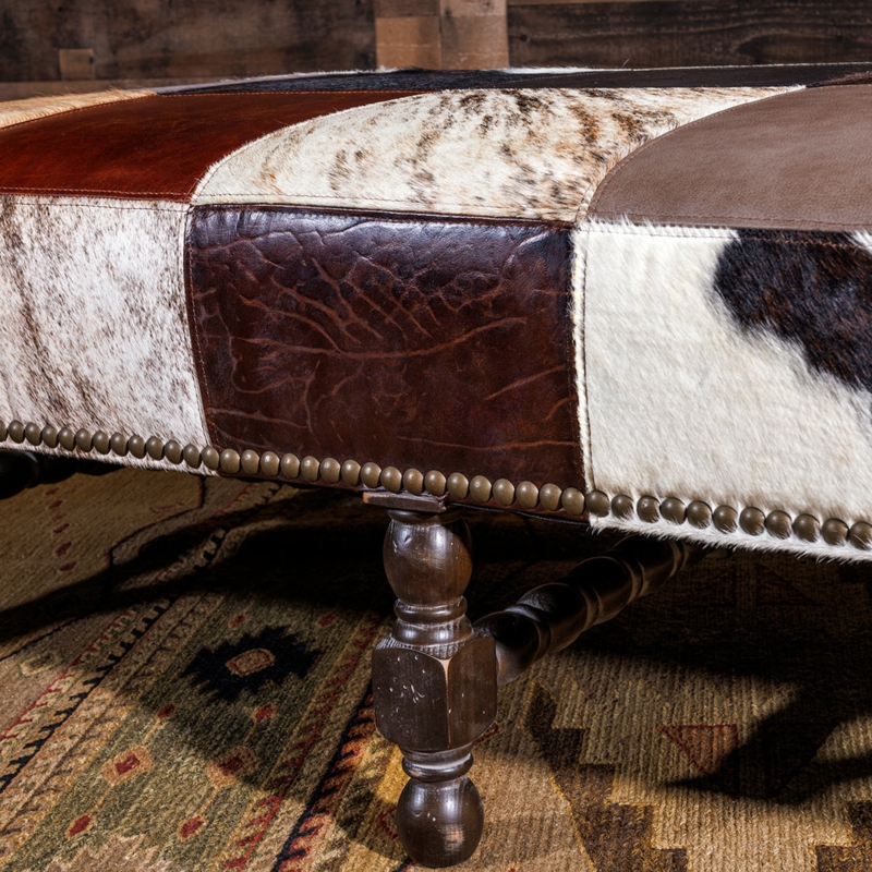 Constantine Leather/Cowhide Patchwork Ottoman | Western Ottomans  Hat  Creek Interiors