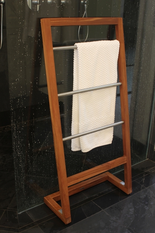 Contemporary Angled Teak Towel Rack with Stainless Steel Rungs