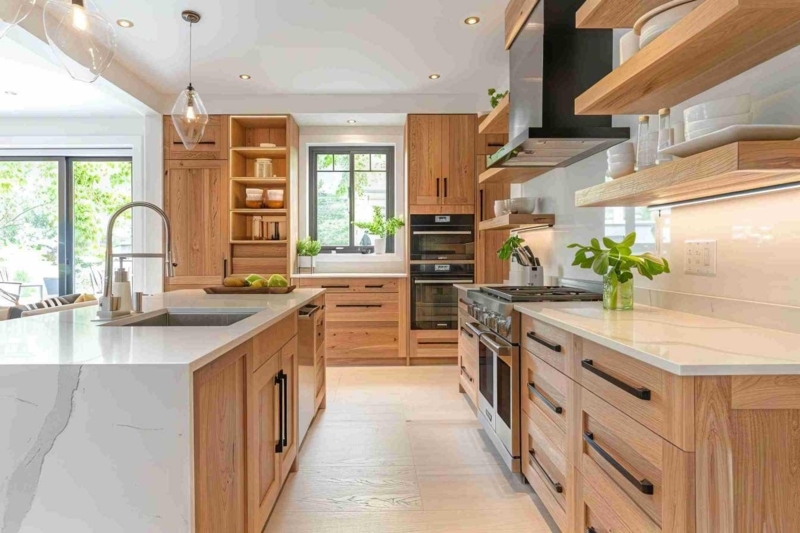 Contemporary Cabinetry with Waterfall Stone Countertop Island