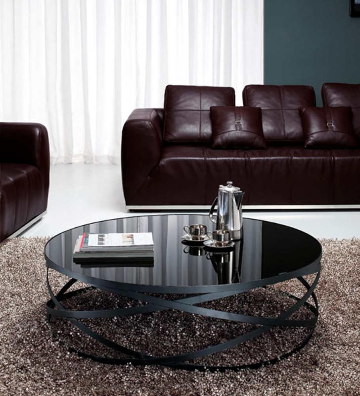 Contemporary Coffee Table Round Black Glass Sculptural Metal Bands