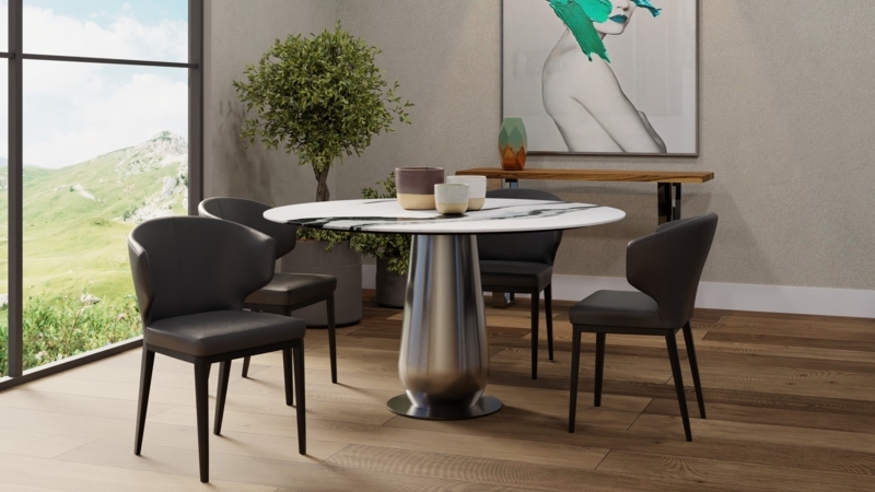 Contemporary Dining Table with Marble Veined Top and Brushed Metal Base