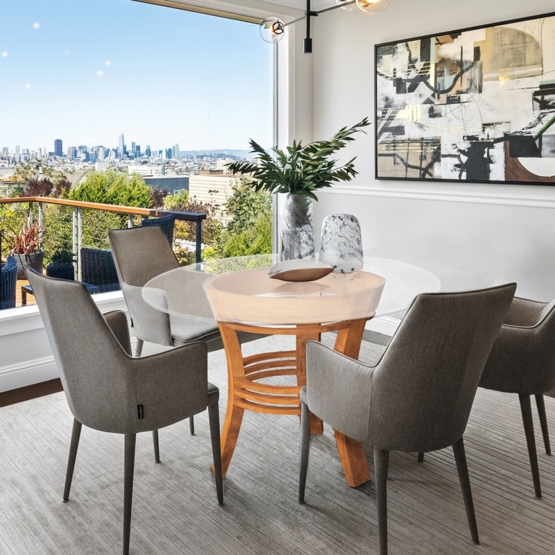 Contemporary Dining Table with Slatted Honey Wood Half Moon Base