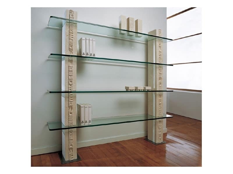 Contemporary Etched Stone and Glass Bookcase with Cantilevered Shelves