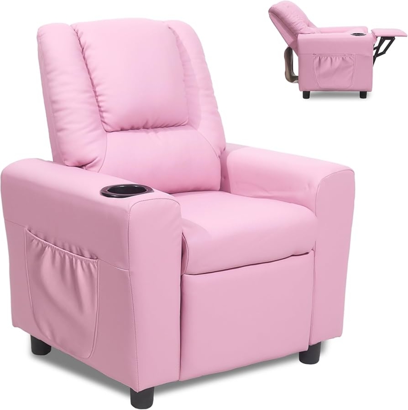 Contemporary Kids Recliner: Semi-matte Pink Leather-like