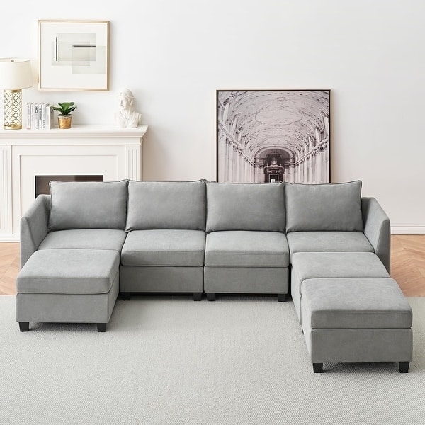 Contemporary Modular Sectional Sofa with Piped Seams and Storage Ottomans