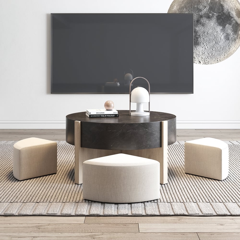 Contemporary Nesting Table, Charcoal Stone-Like Top, Integrated Seating