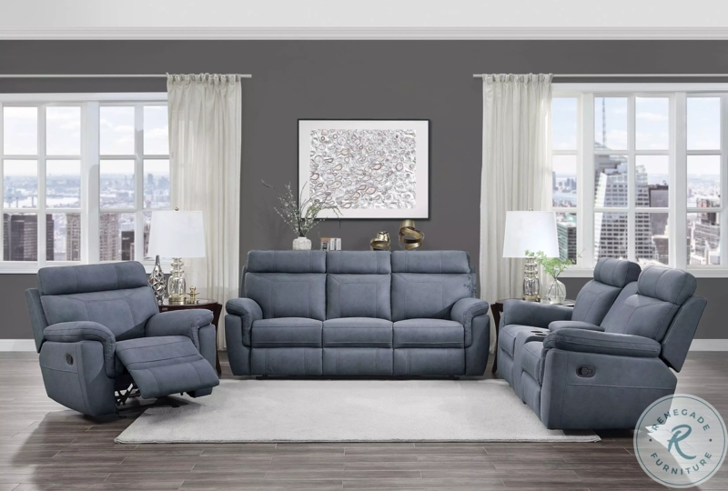 Contemporary Reclining Loveseat: Slate Blue Fabric, Horizontal Stitching