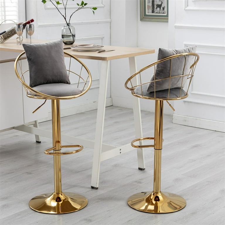 Contemporary Swivel Bar Stools Open Wire Back Polished Gold Velvet
