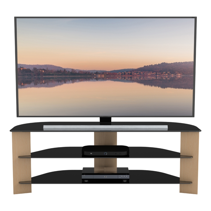 Contemporary TV Stand with Curved Black Glass and Three-Tier Shelving