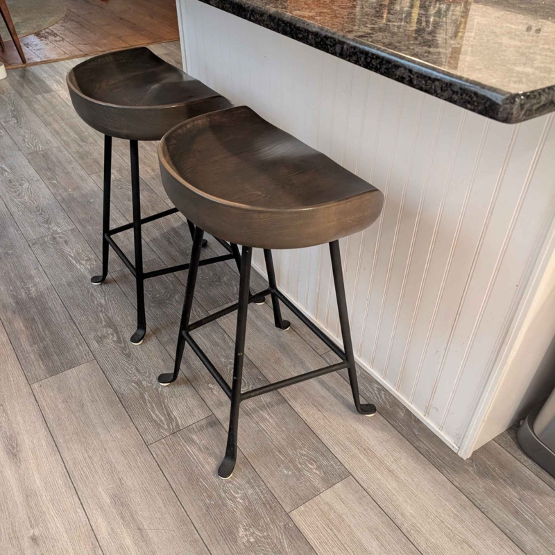 Contoured Wood Bar Stool Dark Walnut Seat Matte Black Metal Legs