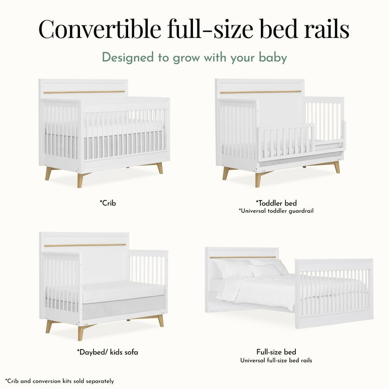 Convertible Crib with Tapered Legs for White and Gold Nursery Furniture.