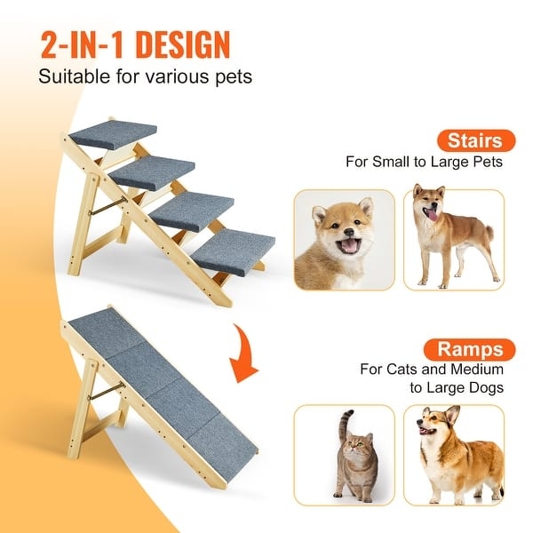Convertible Pet Staircase 2-in-1 Ramp Grey Fabric Treads Wood Frame