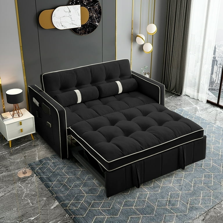 Convertible Sleeper Sofa in Black Velvet with Contrast Piping
