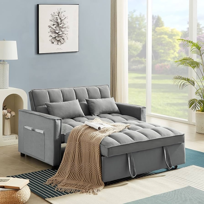 Convertible Sofa Bed Tufted Velvet Grey Pull Out
