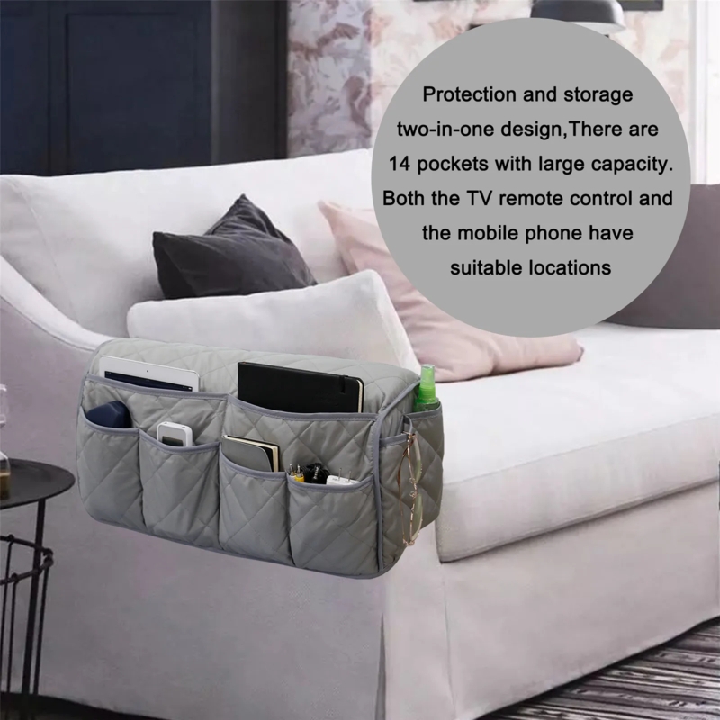 Cool Gray Sofa Armrest Organizer Diamond Quilted Pattern 14 Pockets