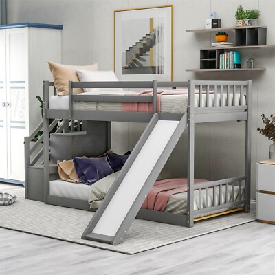 Cool Grey Functional Bunk Bed with Convertible Slide and Storage Stairs