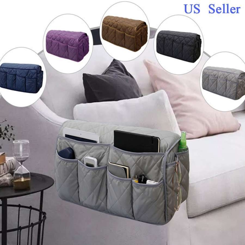Cool Grey Quilted Sofa Armrest Organizer 14 Pockets Over Arm Fit