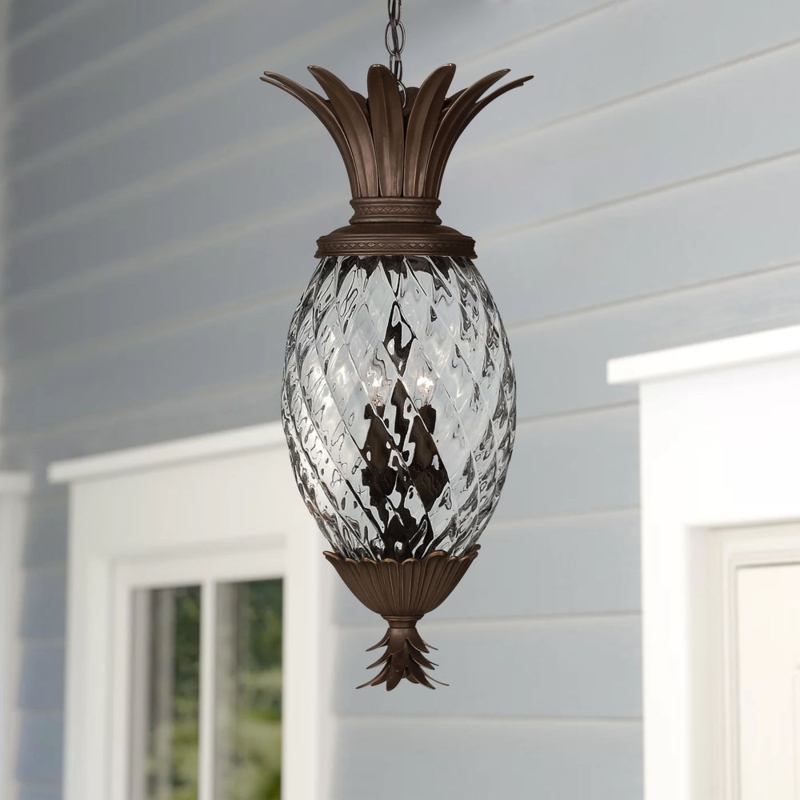 Copper Bronze Pineapple Pendant with Quilted Glass, Coastal Entry Lighting.