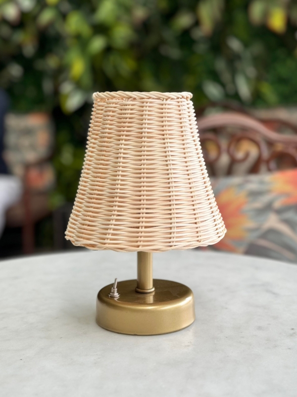 Cordless Rattan Table Lamp with Woven Shade and Gold Battery Base