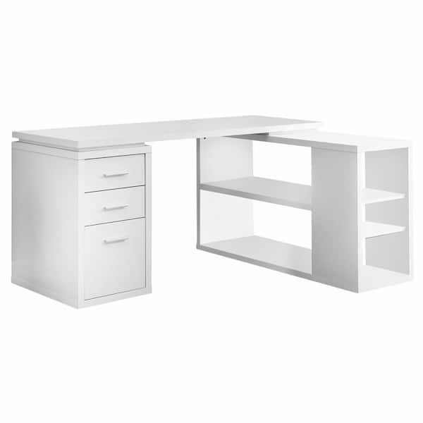 Corner Computer Desk with Thick Top, Three Drawers, and Shelving