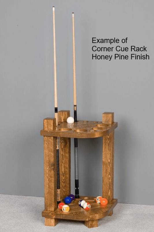 Corner Cue Rack Rustic Reclaimed Barnwood with Honey Pine Finish