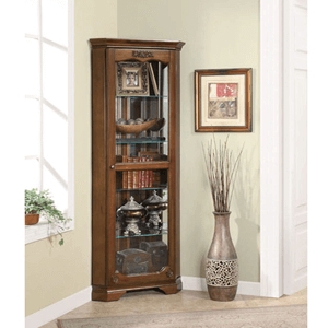 Corner Curio Cabinet Acanthus Leaf Top Golden Brown Traditional Wood
