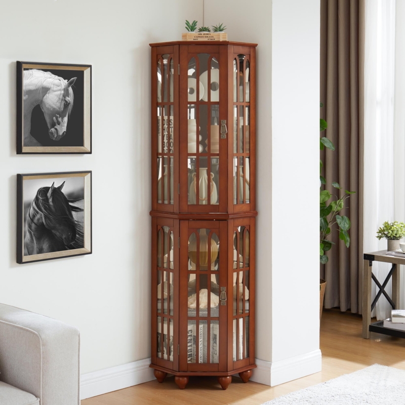 Corner Curio Cabinet Arched Window Design Warm Cherry Traditional