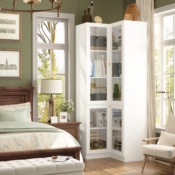 Corner Curio Cabinet Four Door Access Gold Pulls Contemporary Storage
