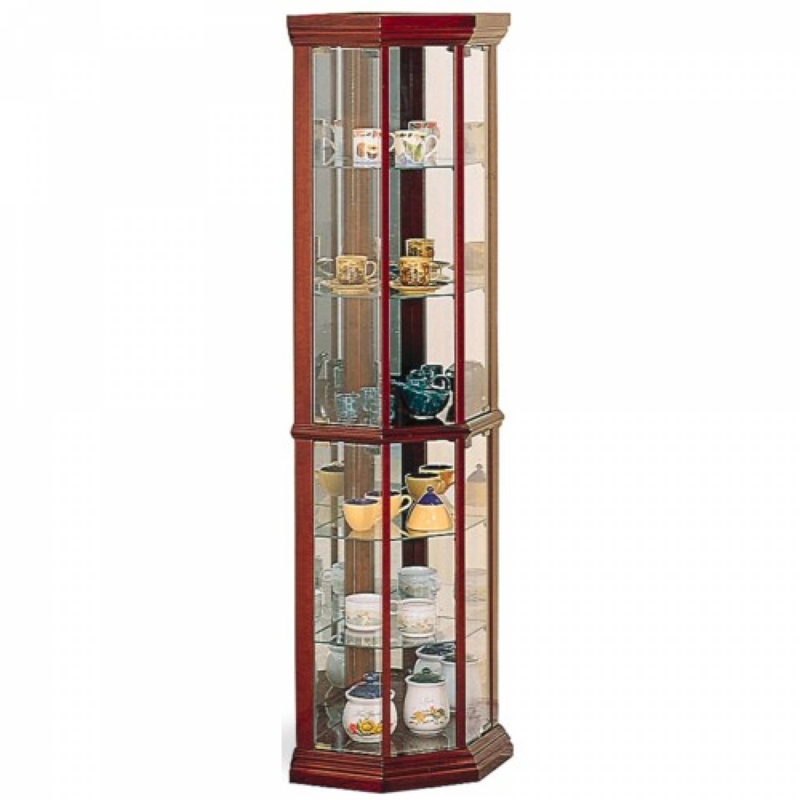 Corner Curio Cabinet Hexagonal Frame Cherry Finish Mirrored Back