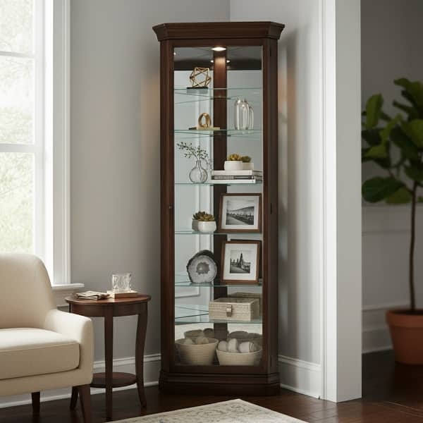 Corner Curio Cabinet Integrated Lighting Mirrored Espresso Finish