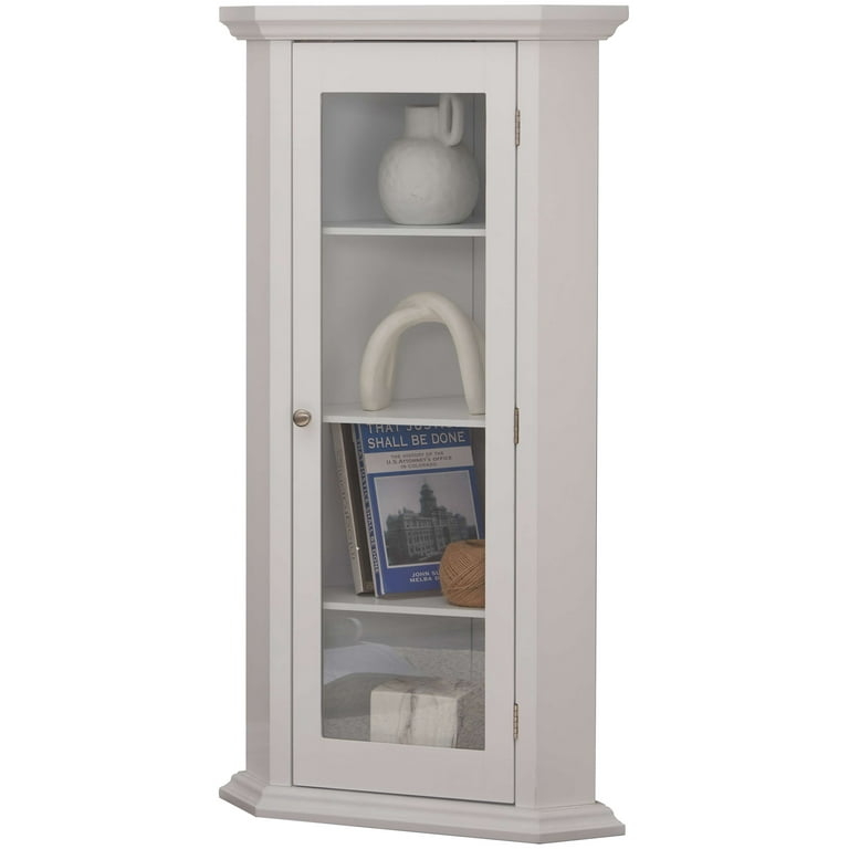 Corner Curio Cabinet Metallic Knob Glass Door Base Molding White