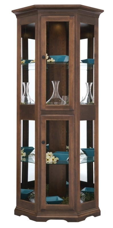 Corner Curio Cabinet Octagonal Profile Mirrored Back Traditional Wood