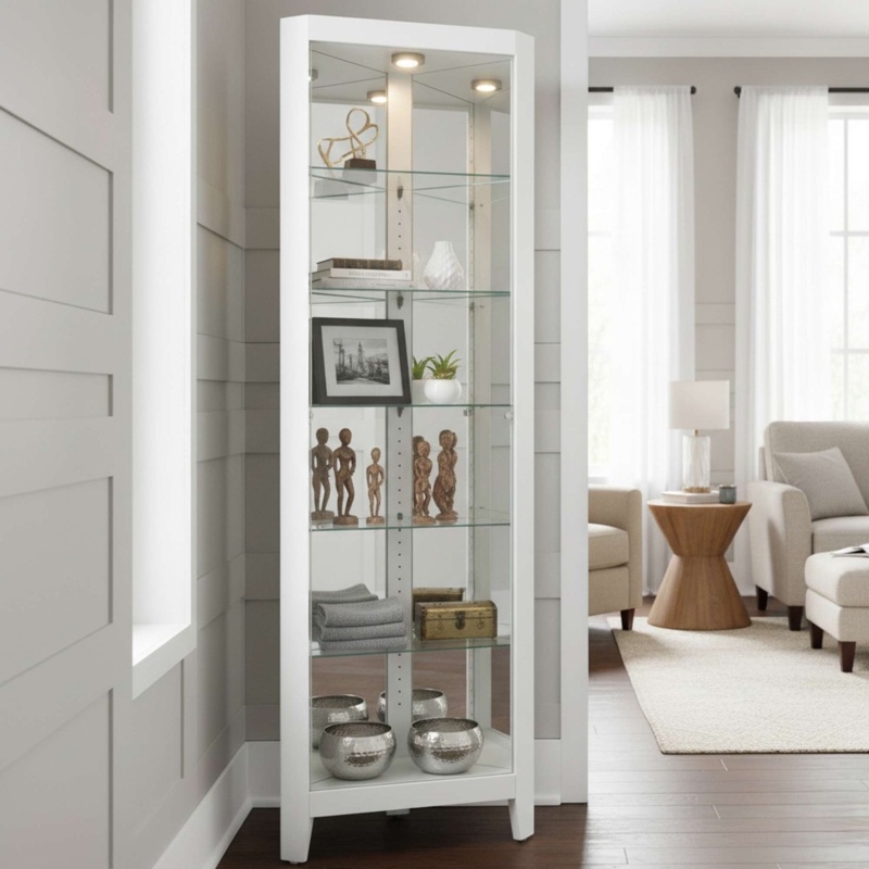 Corner Curio Cabinet Tapered Legs Mirrored Back Transitional Display